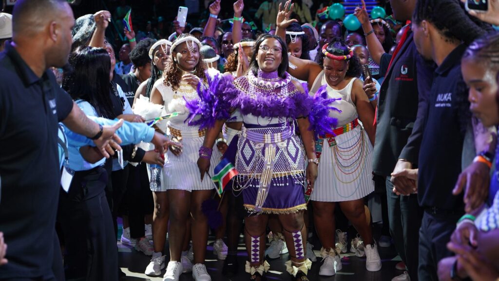 INUKA members in traditional beaded attire celebrating at the 2026 SQ2 Event at SunBet Arena, Pretoria